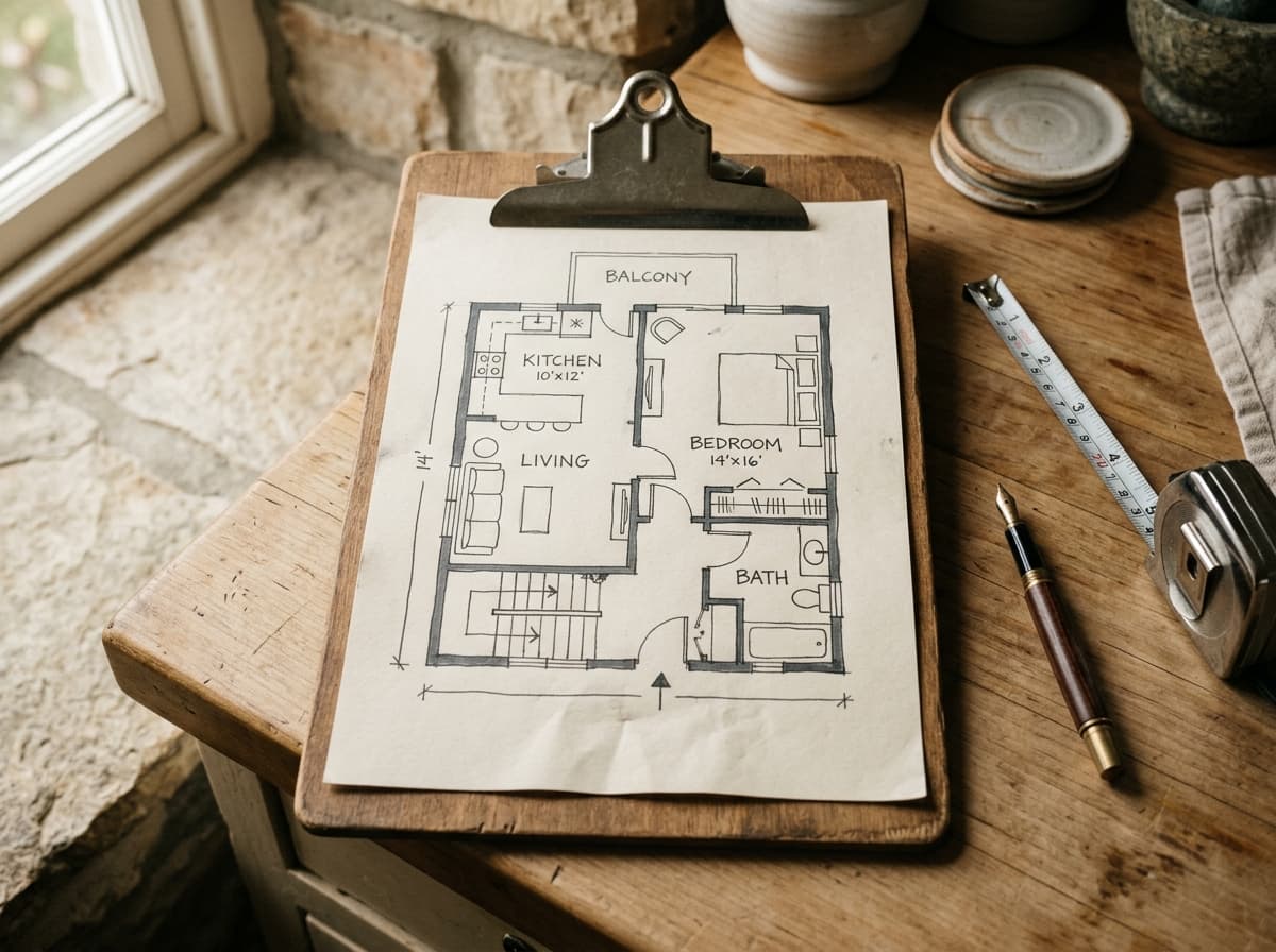 Notes prises sur un plan de travail — visuel d'ambiance illustrant l'étape de visite et d'estimation.