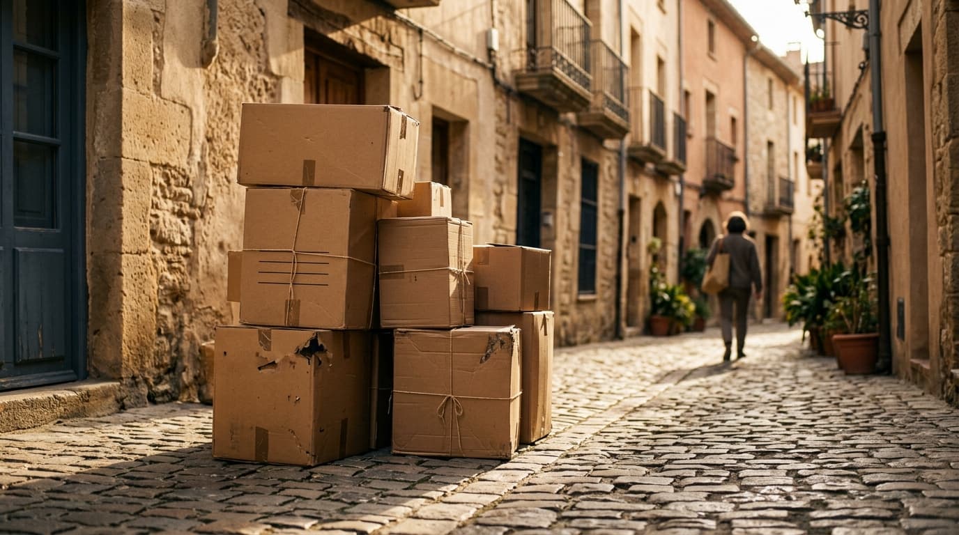 Cartons empilés dans une rue en fin de journée — visuel d'ambiance illustrant l'activité de débarras.